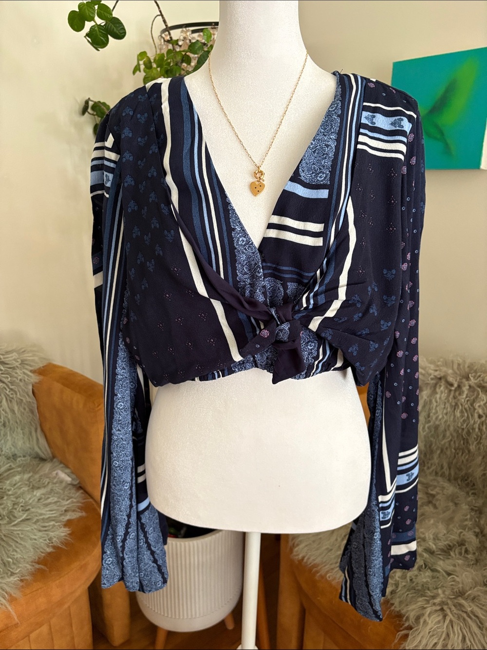 En Creme Navy & Light Blue Striped Tie-Front Crop Top